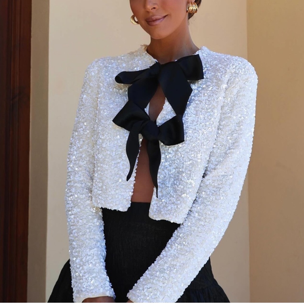 H&M Ivory Sparkling Sequin Tie Front Jacket with Black Bows-S